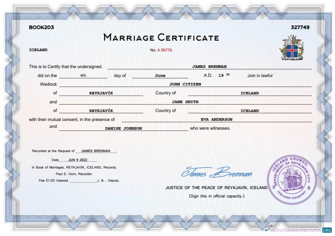 Download Iceland marriage certificate Word and PDF template Photoshop template